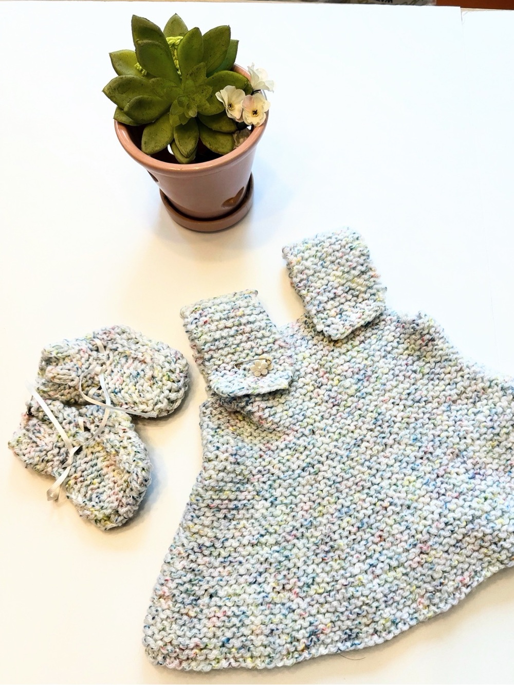 Handmade Pastel Speckled Baby Dress and Booties - Multicolor needs finishing